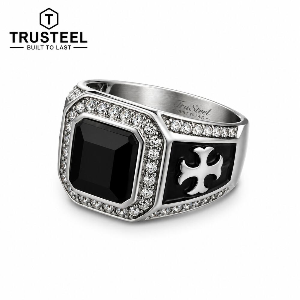Men’s Stainless Steel Black CZ Signet Ring Cross Biker Gothic Punk Size 13